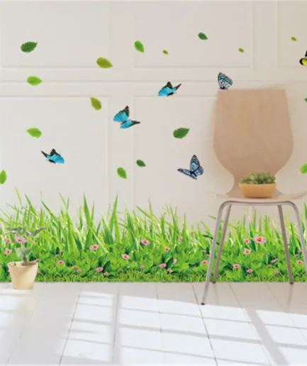 Green Grass Flower Wall Stickers for Kids Room Kindergarten Butterfly Leaves Home Decor Waterproof Mural Self-Adhesive (Random Design)