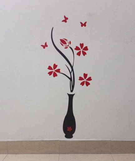Vase Sticker For Home Decoration Items | Black Vase with Red Big Flowers for Wall Decor | 38x15"