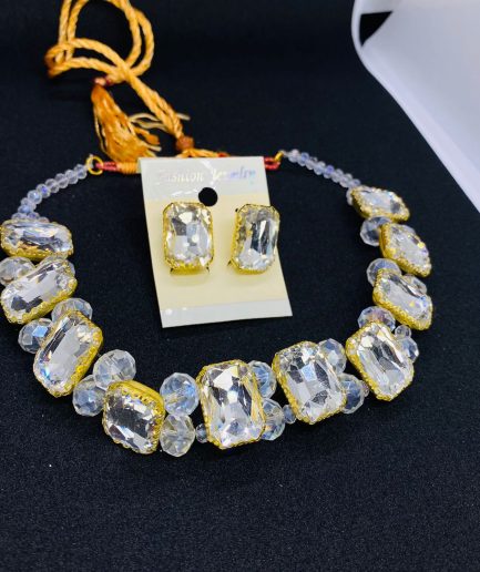 Premium quality crystal white stones chokers necklace with earrings set gift for girls