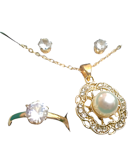 Crystal Simulated Button Pearl Pendant With Gold Tone Chain and Stud Earrings and rings Set