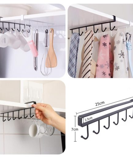 6-Hook Under-the-Shelf Mug Rack Kitchen Hanging Organizer (Random Color)