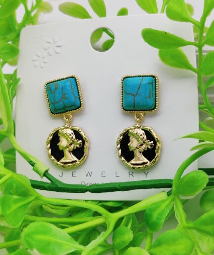 Imported Turquoise Square and Gold Roman Coin Dangle Earrings | Best Earrings For Girls