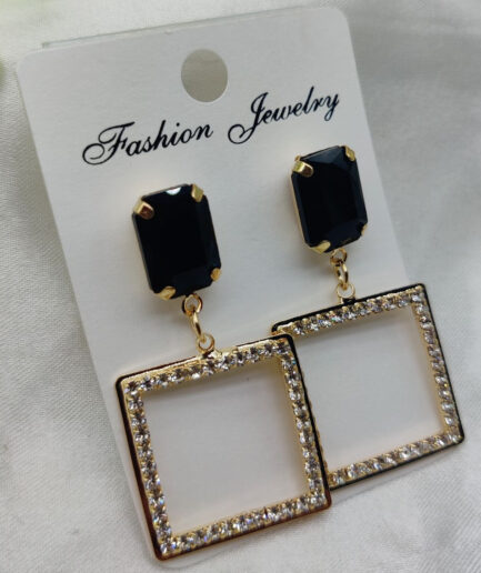 Imported Elegant Square Dangle Earrings with Luxe Black Crystal Top | Best Quality Artificial Earrings