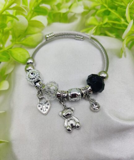1 Piece Imported Pandora-Inspired Silver Charm Bracelet – Heart & Teddy Accents | Best Quality Bracelet For Girls & Women | Girls & Women Jewellery