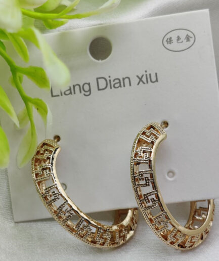 Imported Elegant Geometric Pattern Hoop Earrings - Luxurious Gold Finish | Best Quality Artificial Earrings For Girls & Women