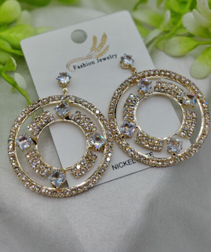 Imported Radiant Crystal Circle Drop Earrings – Elegant Statement Jewelry - Luxurious Gold Finish | Best Quality Artificial Earrings For Girls & Women