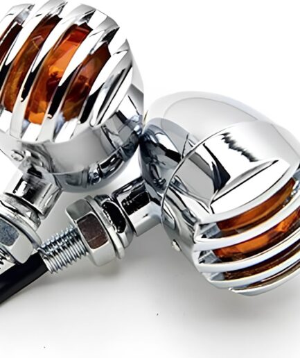 4 pcs 12V Universal Motorcycle Grill Turn Signal Lights – Amber LED, Chrome Body, Compatible with Honda, Yamaha, Kawasaki, Sportster 1200, and More.