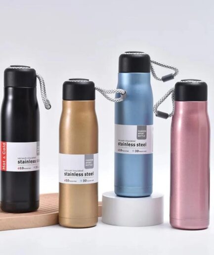 Stainless Steel Insulated Vacuum Water Bottle 550ml, Cola Shape, Leak Proof, with Strong Rope Cap | Hot & Cold Portable Thermos Water Bottle Thermo Mug Stainless Steel Vacuum Flask Mug Insulation Cup (Random Color)
