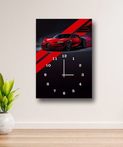 Luxury Sports Car Wall Clock – Bugatti Chiron Design, 12x16” Wooden Frame (Without Battery)