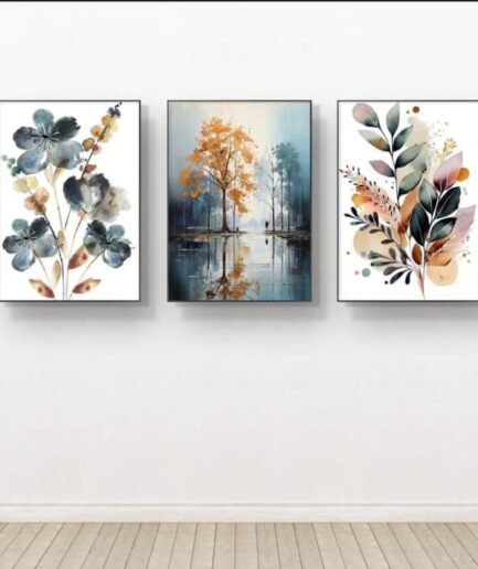 Nature-Inspired Wall Art Set – 3 Wooden Frames (8x11”) with Botanical & Landscape Designs | Easy Wall Mounting with Double Tape