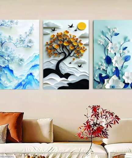 3-piece wooden wall art set featuring vibrant floral and tree motifs. Perfect for modern home decor. Comes in two sizes with easy-to-use wall tape.