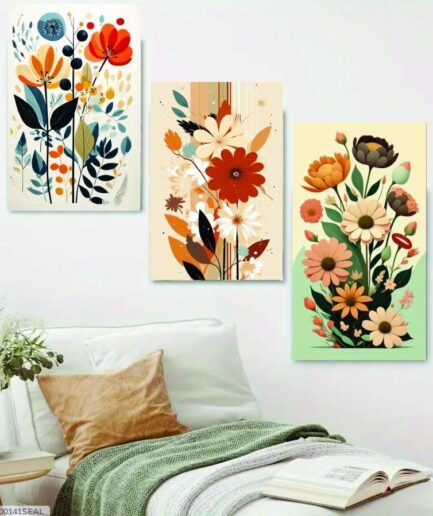 Set of 3 Floral Wall Frames – Wooden Decorative Art in 8x11 & 12x16 Inches with Double Tape for Easy Mounting