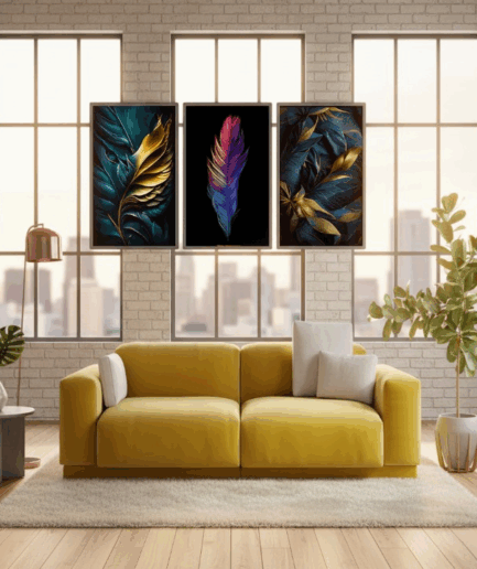 3-Piece Feather Design Wall Art Frames – Modern Decorative Wall Hanging Set, 8x11 Inches Each with Double Tape for Easy Installation