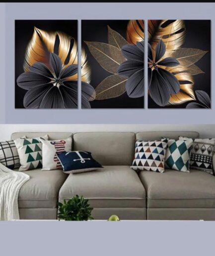 Luxury Floral Wall Art Set – 3 Wooden Frames (8x11”) with Elegant Black & Gold Botanical Design | Easy Wall Mounting with Double Tape