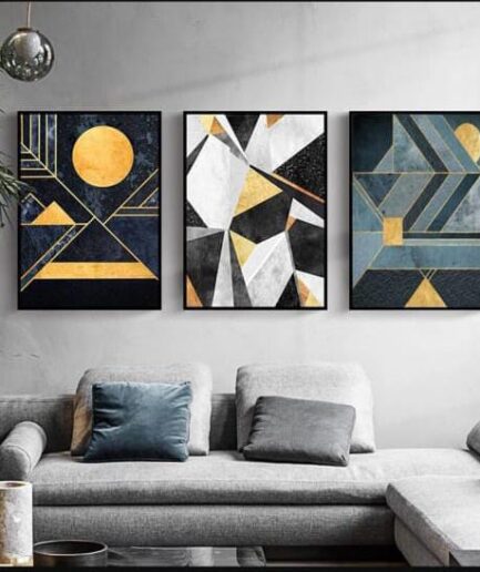 Modern Abstract Wall Art Set – 3 Wooden Frames (8x11”) with Geometric Gold & Black Designs | Easy Wall Mounting with Double Tape