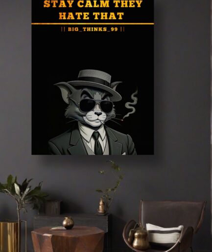 Stay Calm They Hate That” Framed Wall Art – Stylized Cat Portrait with Quote, 12x16